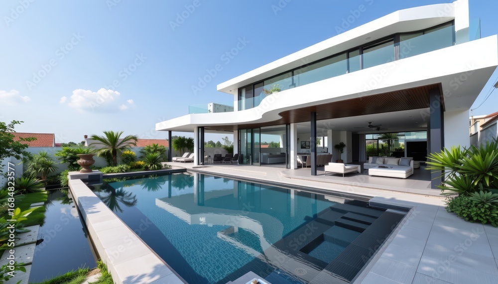 Fototapeta premium Modern villa with a pool and lush landscaping under a clear blue sky.