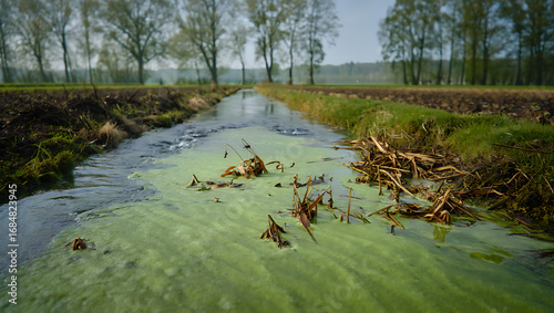 Polluted Agricultural Canal with Algae Bloom - A Ditch Filled with Green Algae and Debris