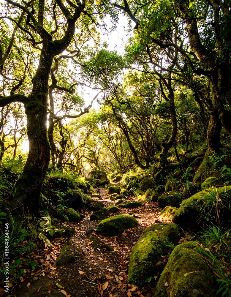 Fototapeta premium Lush forest path with sunlight filtering through trees