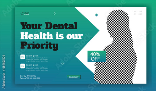 Smiling female dentist in scrubs with arms crossed promoting dental care and special offers