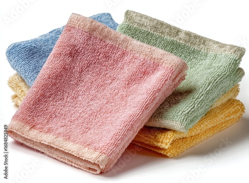 Stack of colorful cloths.  Four pastel-colored cloths, light blue, light pink, light green, and yellow, are stacked,  with contrasting color borders. 