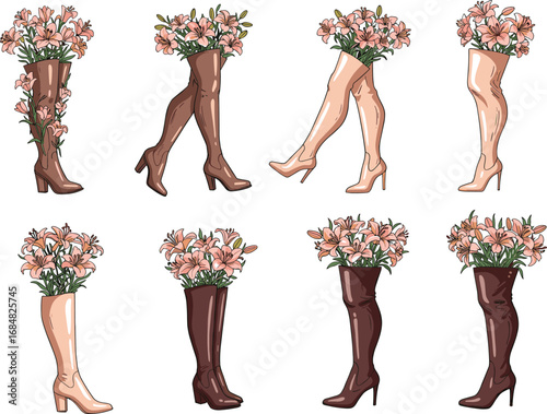 Floral High Heel Boots and Legs with Blooming Lilies, Feminine Fashion Illustration for Spring Style, Botanical Decor, and Elegant Art Design