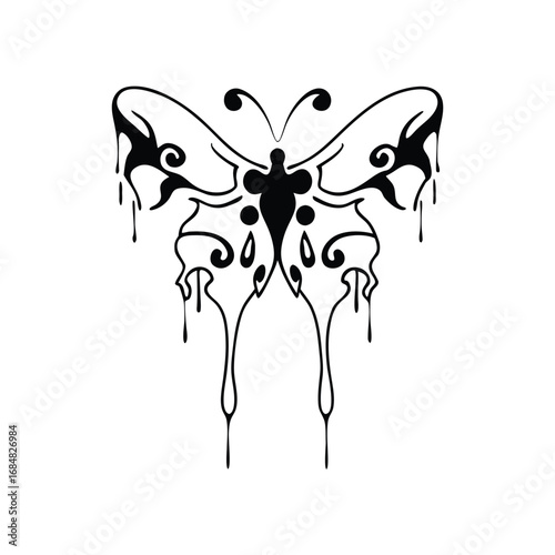 A stylized butterfly with dripping wing patterns isolated on white background creating a unique and slightly macabre aesthetic