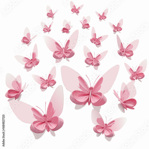 Delicate pink butterflies flutter gracefully on a clean white background, evoking a sense of gentle beauty.
