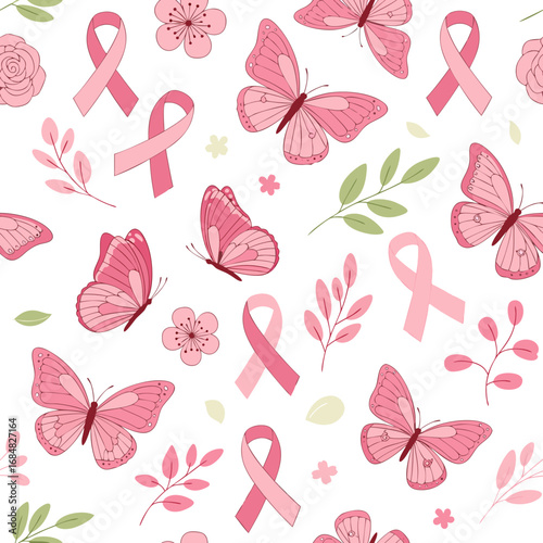 Delicate pink butterflies and awareness ribbons flutter gracefully amidst soft floral elements, symbolizing hope and support.