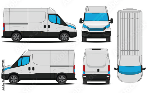 Van car daily vector - Car mockup for car branding on isolated white background. Side, Front, Rear, Top Views