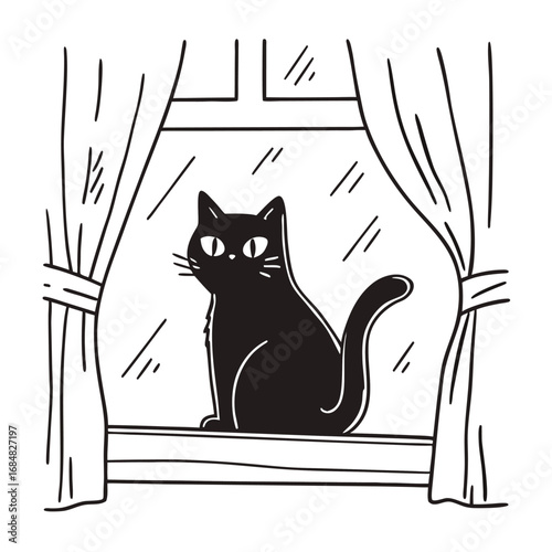 A black cat sits on a windowsill gazing out through the window with curtains