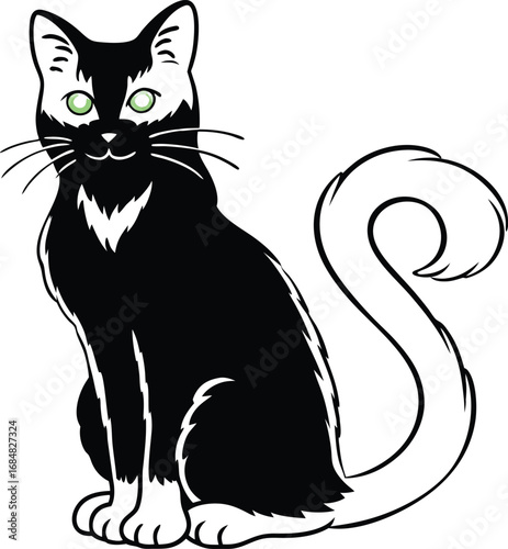 A black and white cat with green eyes sits gracefully isolated on white background black cat vector illustration