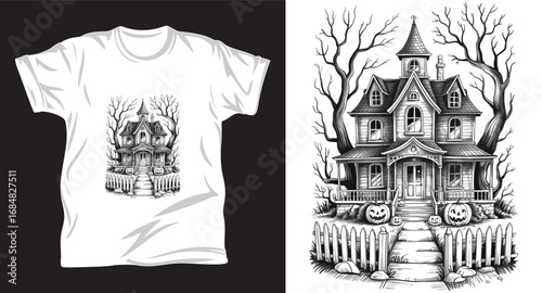Haunted house graphic vector t shirt design print.