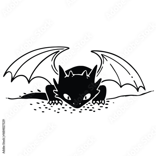 A cute black dragon with wings crouches low isolated on white background its eyes gleaming with playful curiosity vector illustration of a black and white dragon