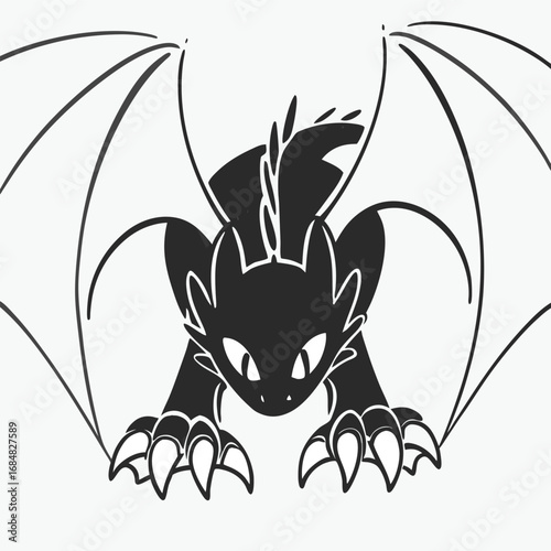 A fierce black dragon with outstretched wings stares intently isolated on white background ready to take flight in a dramatic display black and white tattoo of a spider