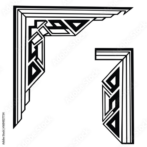Elegant art deco corner design isolated on white background features geometric shapes and bold lines reminiscent of the roaring twenties abstract arrow design