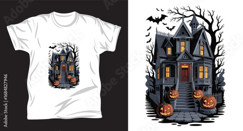 Haunted house graphic vector t shirt design print.
