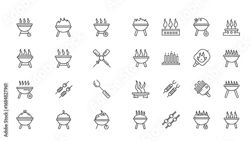 Barbecue Icons Set | Thin Line Editable Stroke Symbol Collection for Grill, BBQ, and Outdoor Cooking