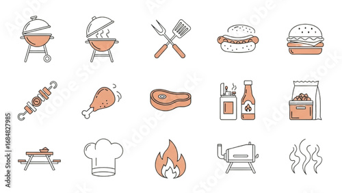 Barbecue Icons Set | Thin Line Editable Stroke Symbol Collection for Grill, BBQ, and Outdoor Cooking