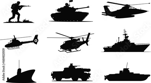 Military Silhouettes of Vehicles and Personnel – Tactical Vector for Army, Navy, Air Force, Combat, and Defense Themes
