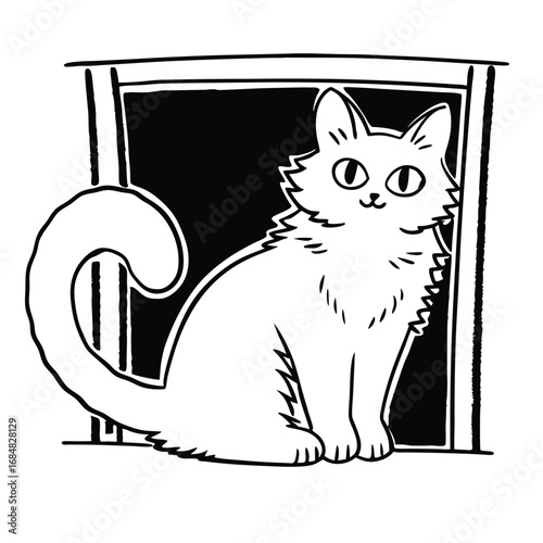 A fluffy cartoon cat gazes out from a window its tail curled elegantly isolated on white background black cat with a blank card
