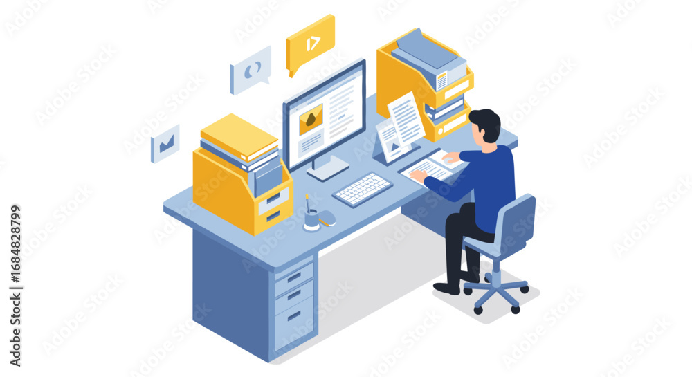 Obraz premium Isometric office workspace with desktop computer and documents
