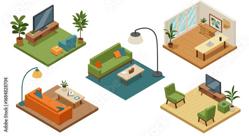 Cozy isometric living rooms with modern furniture and indoor plants
