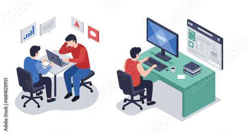 Isometric office design: team collaboration and solo work in modern workspace