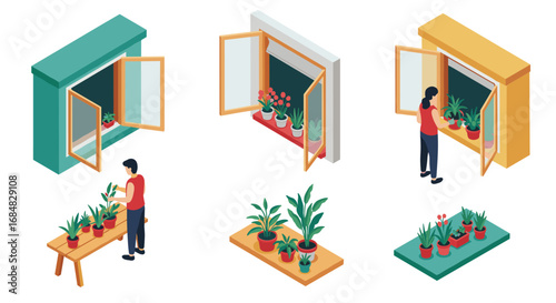 Isometric home gardening scene with indoor plants and window decorations