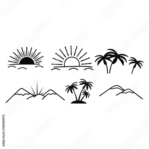 A collection of tropical island and mountain scenes creates a peaceful and relaxing design isolated on white background set of vector images of palms