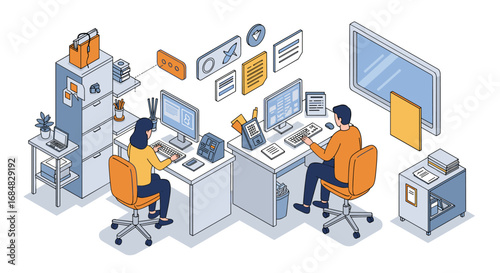 Modern isometric office workspace with employees and digital devices