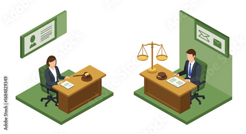 Isometric office scenes with lawyers working on desks in modern workspace