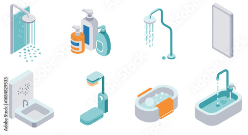 Modern isometric bathroom design elements: showers, bathtubs, toiletry bottles, and basins