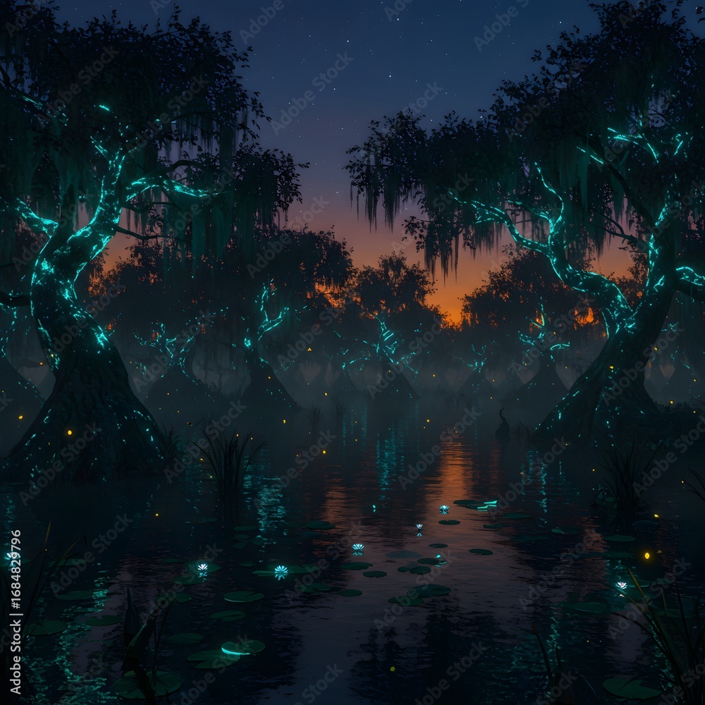 Fototapeta premium Dreamlike magical bayou with glowing teal trees, Spanish moss, and ethereal lights floating on the water at dusk