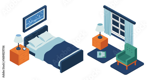 Cozy isometric bedroom design with mid-century modern furniture and decor elements