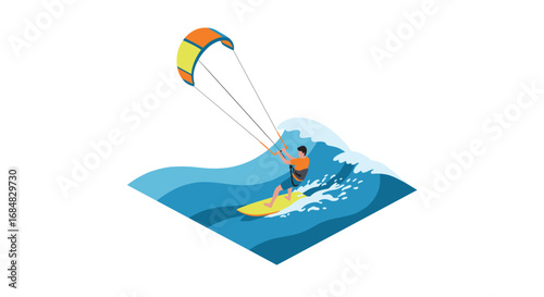 Exciting isometric kite surfing adventure on ocean waves