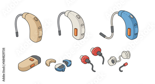 Hearing aid collection: cartoon design featuring modern devices and components