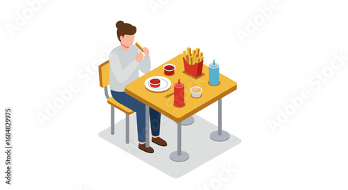 Isometric dining scene with person enjoying fast food meal at table