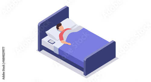 Isometric sleep scene with person relaxing in bed and smartphone nearby
