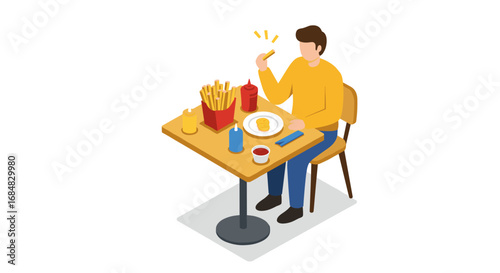 Isometric fast food snack break at restaurant table with condiments