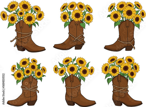Rustic cowboy boots filled with sunflower bouquet western country farmhouse floral decoration vintage style vector illustration set