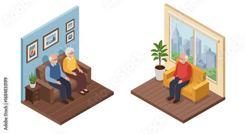 Cozy isometric living room scenes with elderly couple and city view
