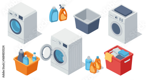 Isometric laundry set: washing machines, detergents, baskets, and cleaning products