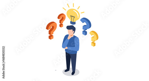 Isometric thinker with light bulb and question marks: problem solving concept