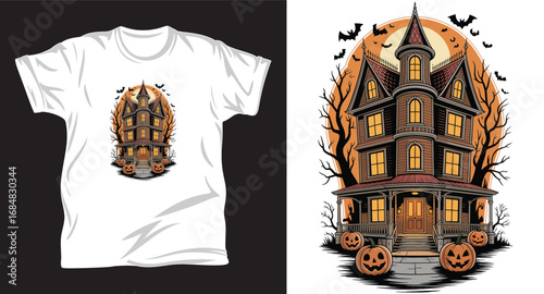 Haunted house graphic vector t shirt design print.