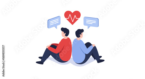 Communication breakdown in relationships concept with heartbeat and thought bubbles