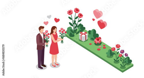 Romantic couple with flowers and hearts in isometric garden scene