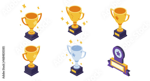 Isometric trophies and awards set with gold and silver designs
