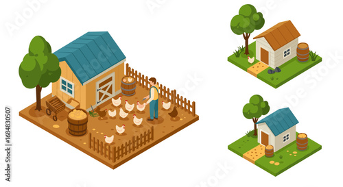 Isometric farmyard scene with chickens and rustic house variations