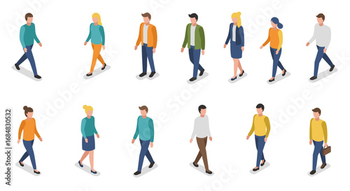 Isometric people walking on white background