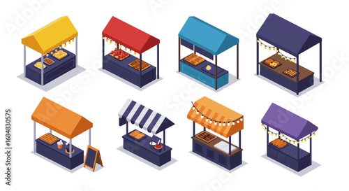 Colorful market stalls with awnings and produce in isometric design for urban shopping