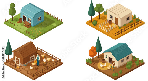 Isometric farm scenes with cozy chicken coops and lush gardens