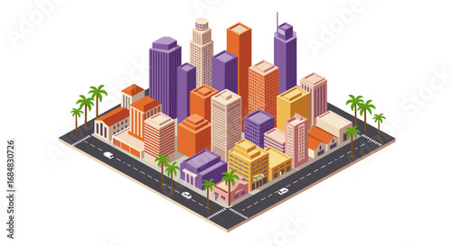 Isometric urban cityscape with colorful skyscrapers and palm trees on a clear day