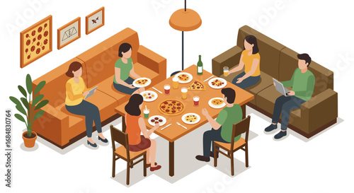 Cozy social gathering with friends sharing pizza and drinks in modern living room